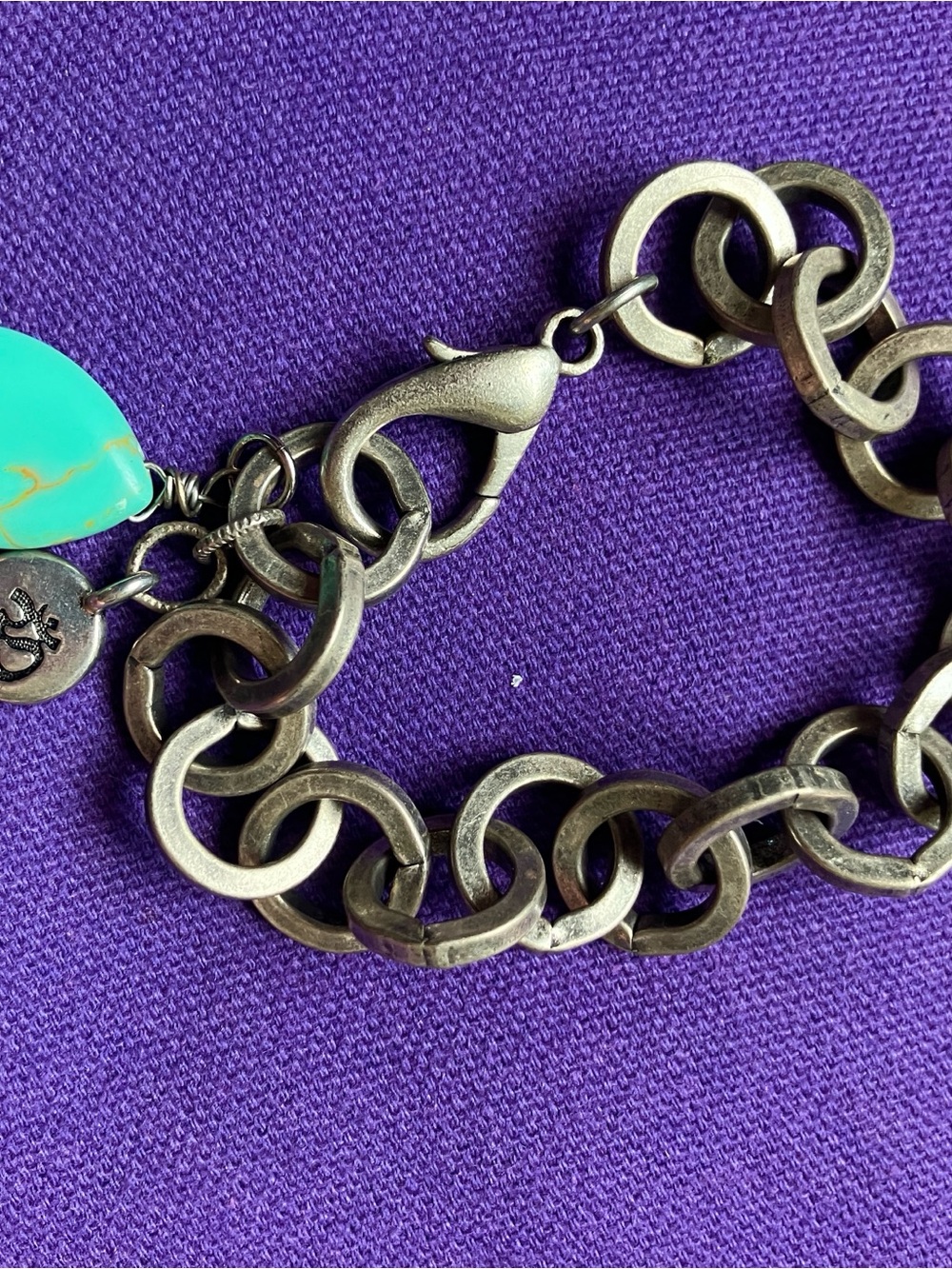 Silver-Tone Linked Charm Bracelet with Turquoise Accent